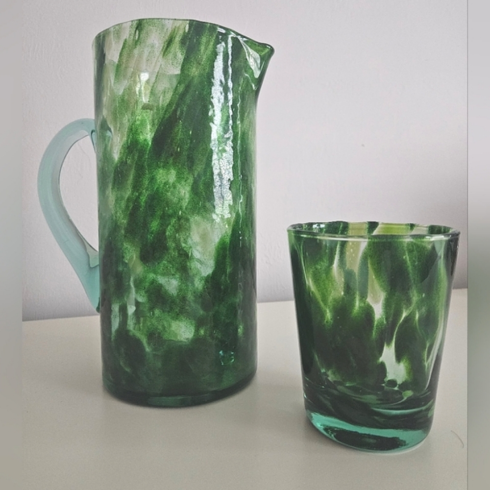 Emerald Green Confetti Handcrafted Pitcher and Glass